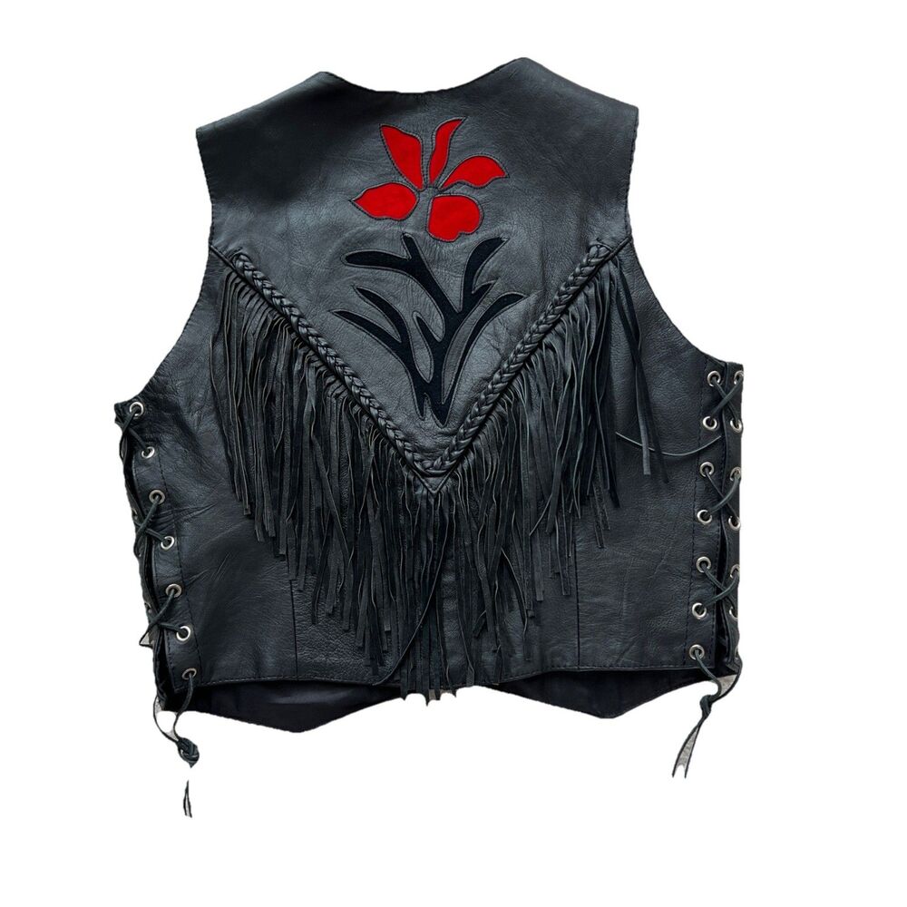 Silver Bike Leather Motorcycle Vest Red Floral Fringe Jacket L Festival Read - Picture 2 of 16